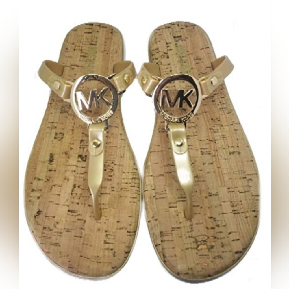 New Michael Kors Gold Logo MK Cork Sandals Size 8 - Picture 1 of 7